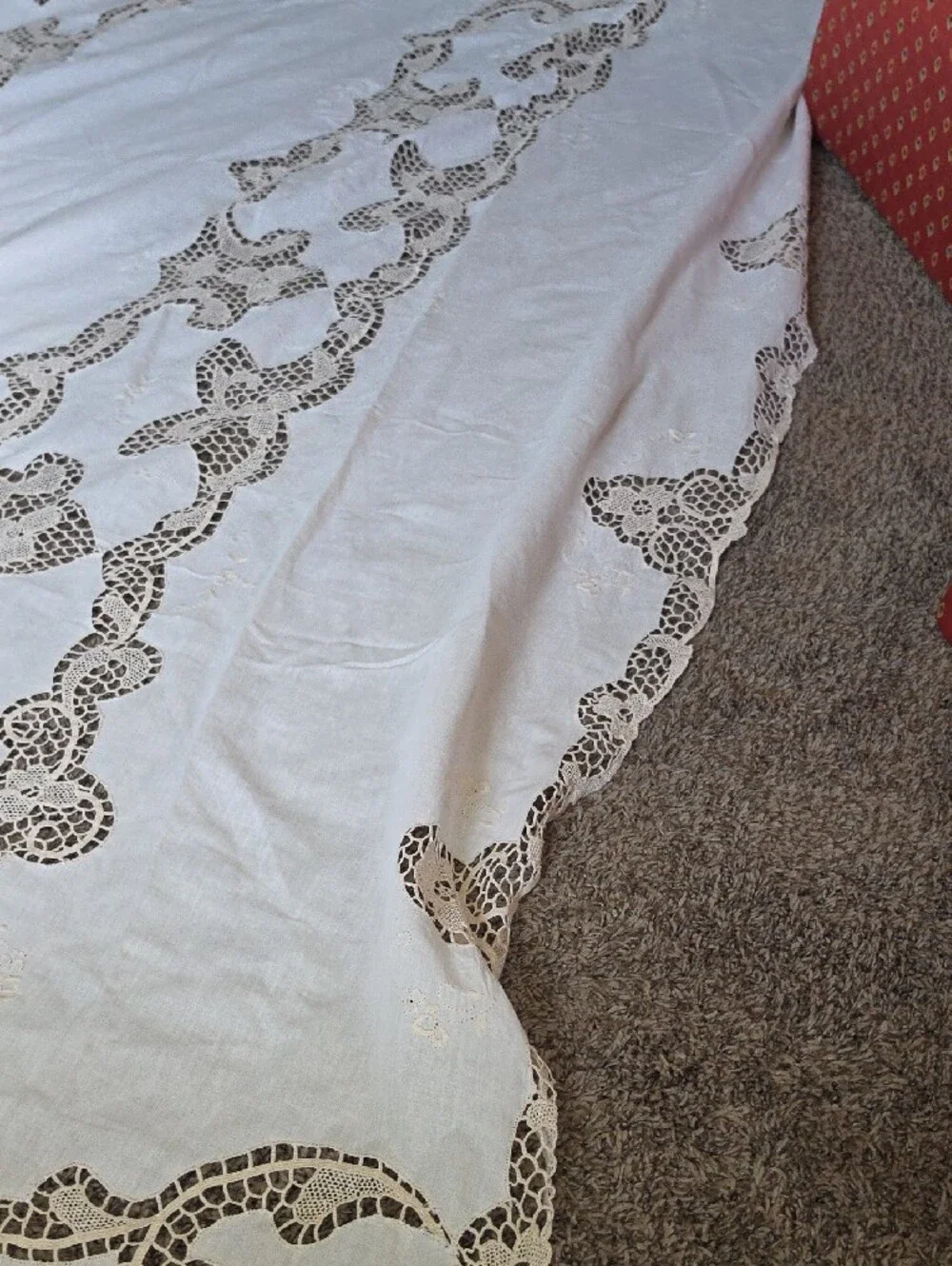 Handmade Cut And Lace Cream Banquet Tablecloth with Lace Insets - 138 x 65